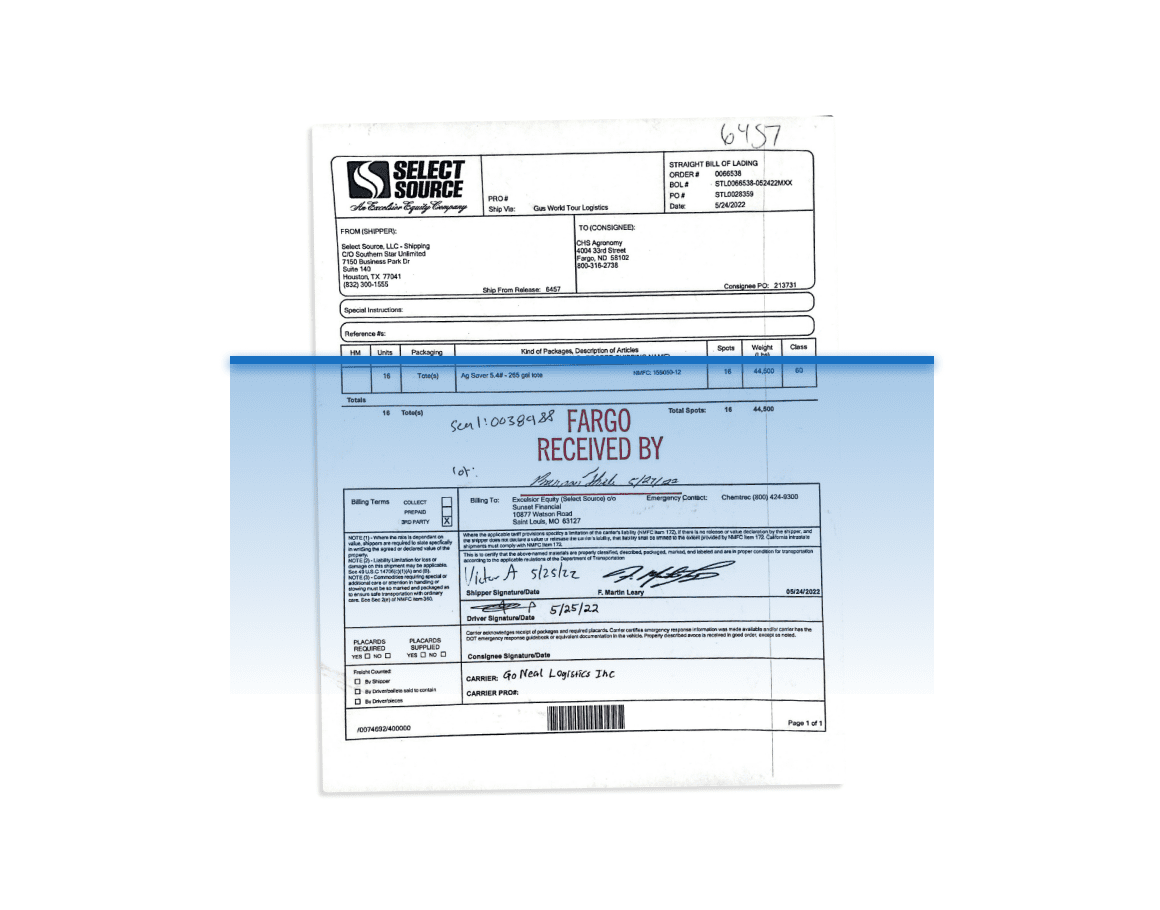 Image of a bill of lading (BOL) being scanned.