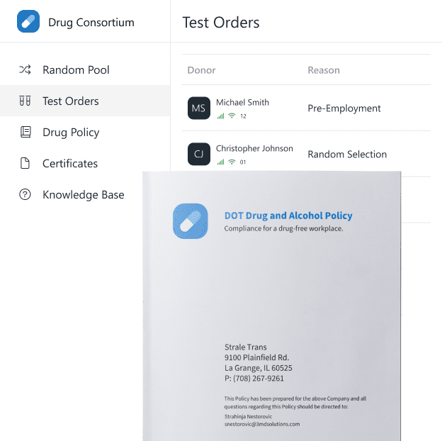 DOT Drug Consortium software showing a list of ordered DOT tests and teir results, overlaid with a DOT-compliant drug policy that is customized for each carrier.