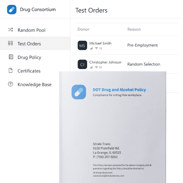 DOT Drug Consortium software showing a list of ordered DOT tests and teir results, overlaid with a DOT-compliant drug policy that is customized for each carrier.