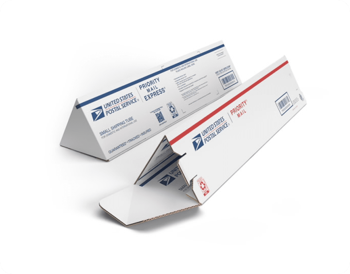 Nationwide shipping of truck signs and decals. USPS tube box shown for safe delivery.