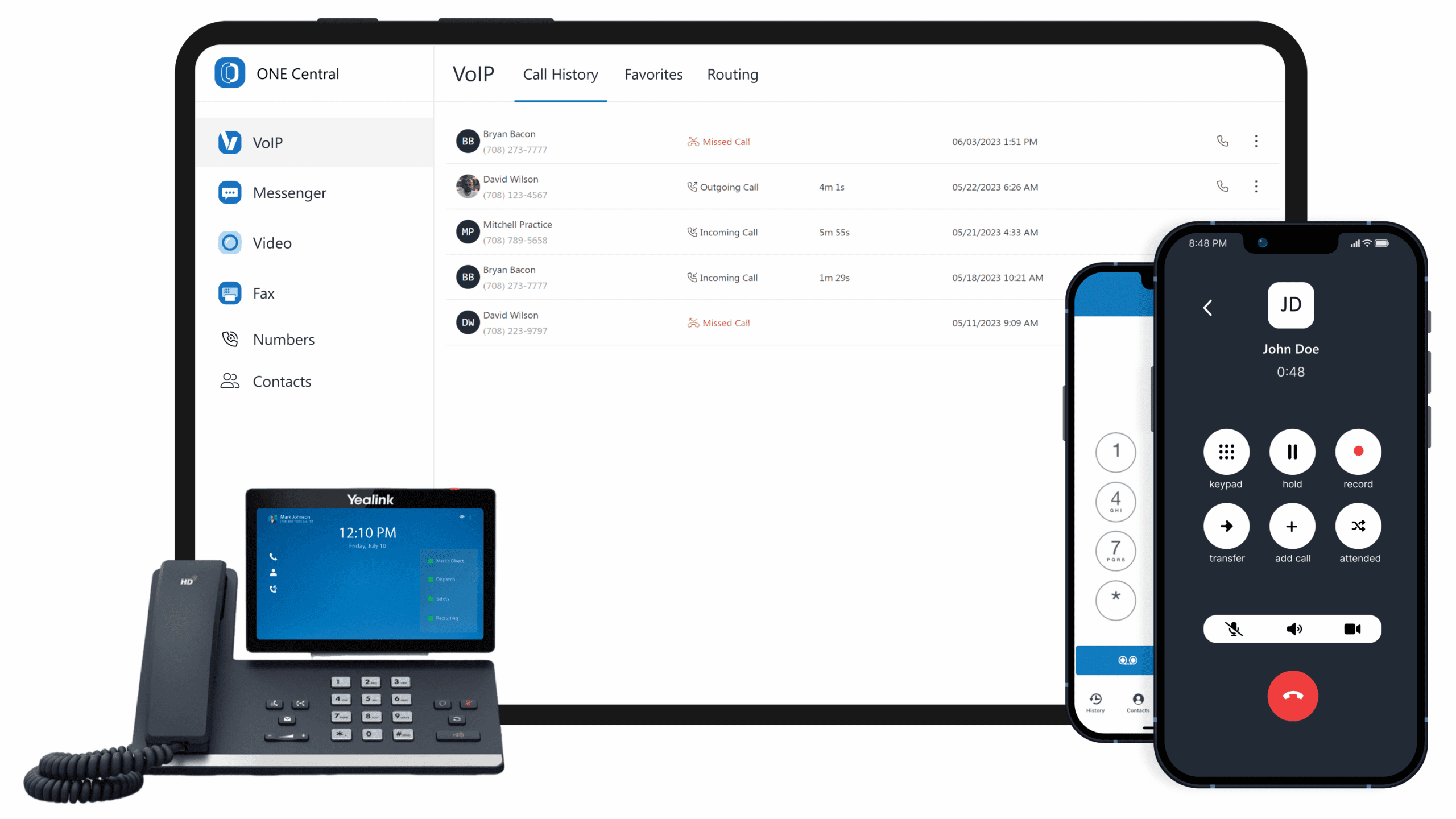 Business Phone System (VoIP) for trucking companies showing multi-device support with IP phone, browser/desktop application and mobile app shown as overlays.