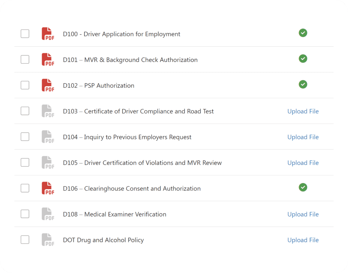 List of all Driver Qualification Files (DQF) as per FMCSA requirements.