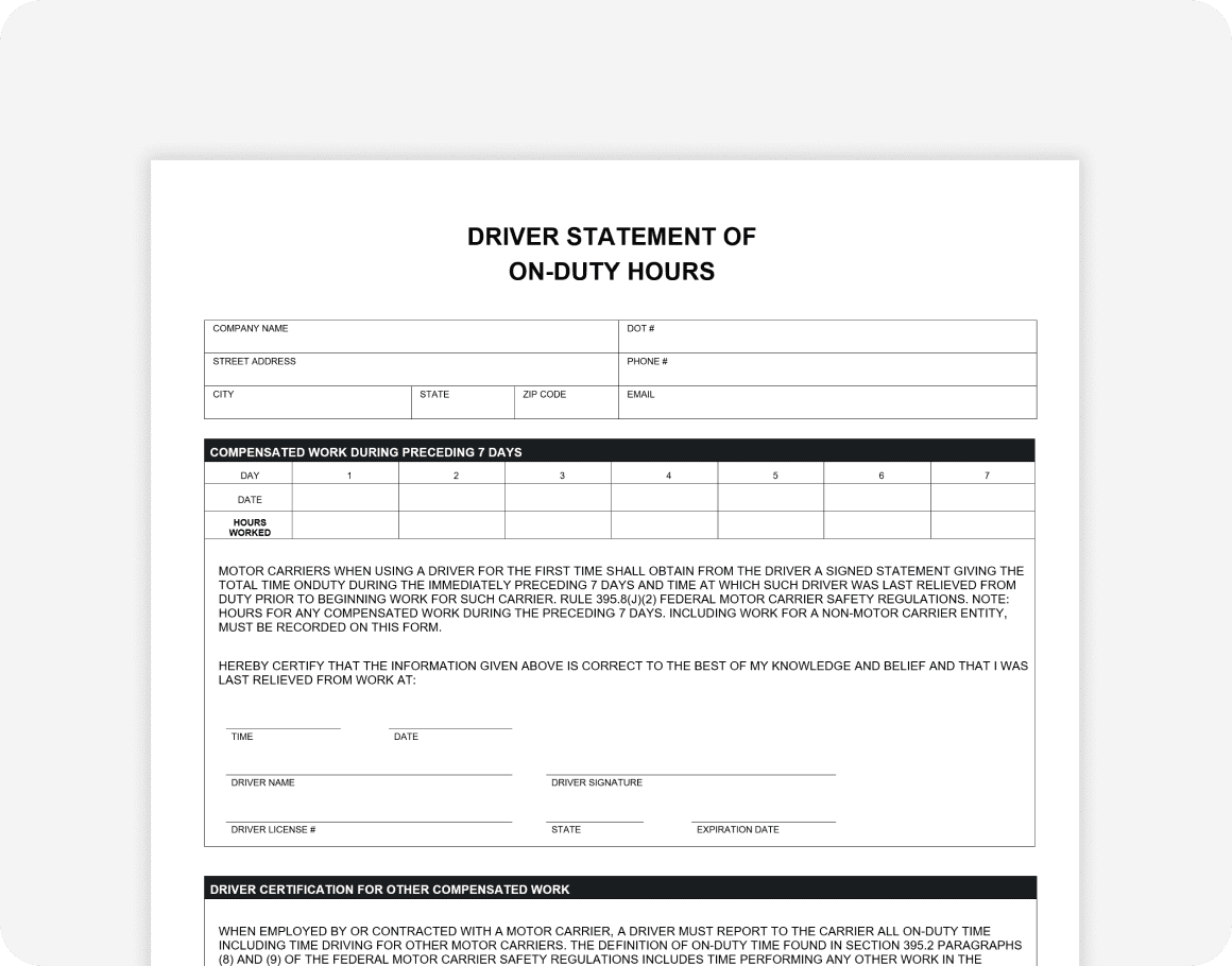 Driver Statement of On-Duty Hours for DQ File