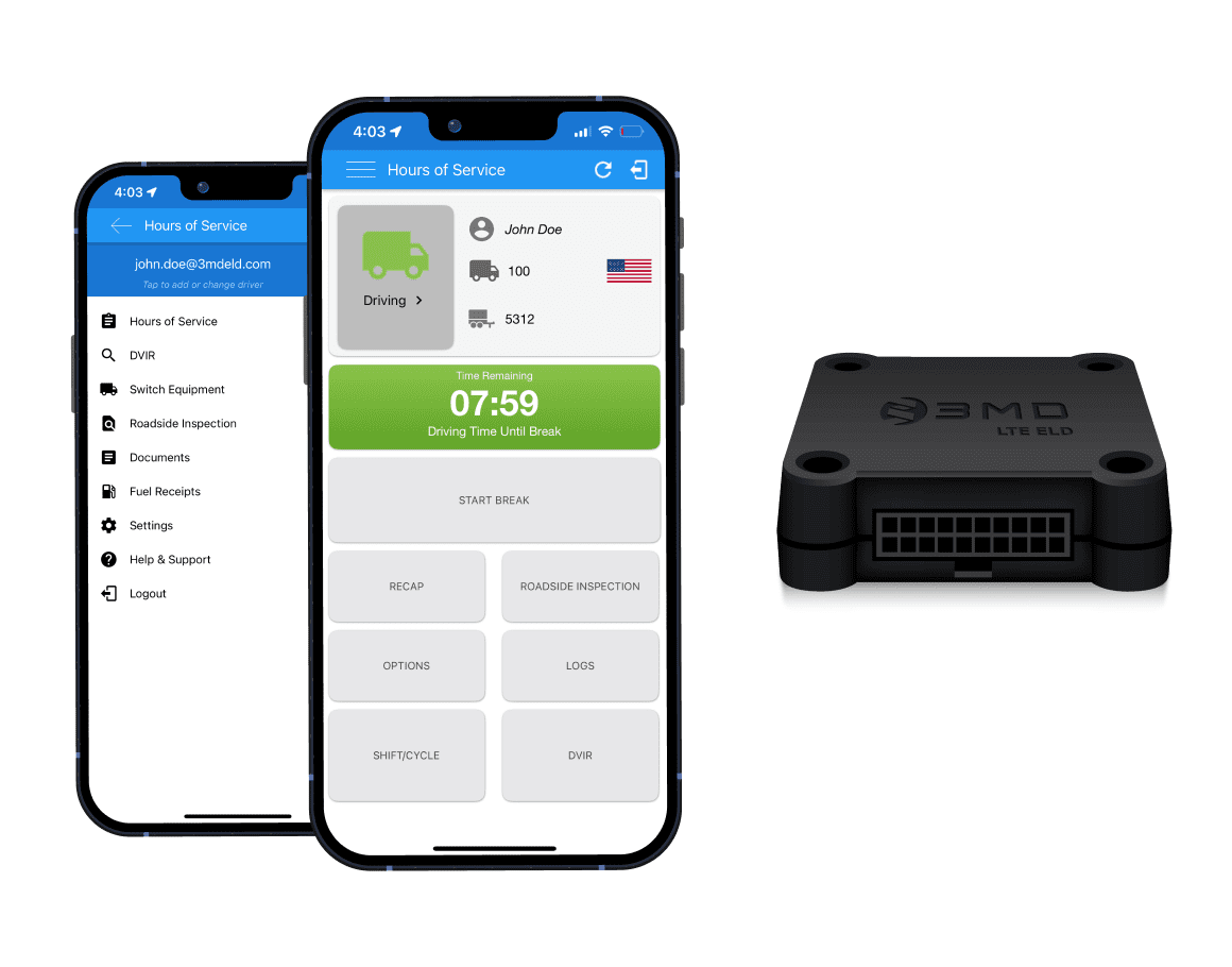 Mobile phone displaying Trucking Hub’s free ELD solution alongside a Pacific Track PT30 device, showcasing seamless electronic logging compliance.
