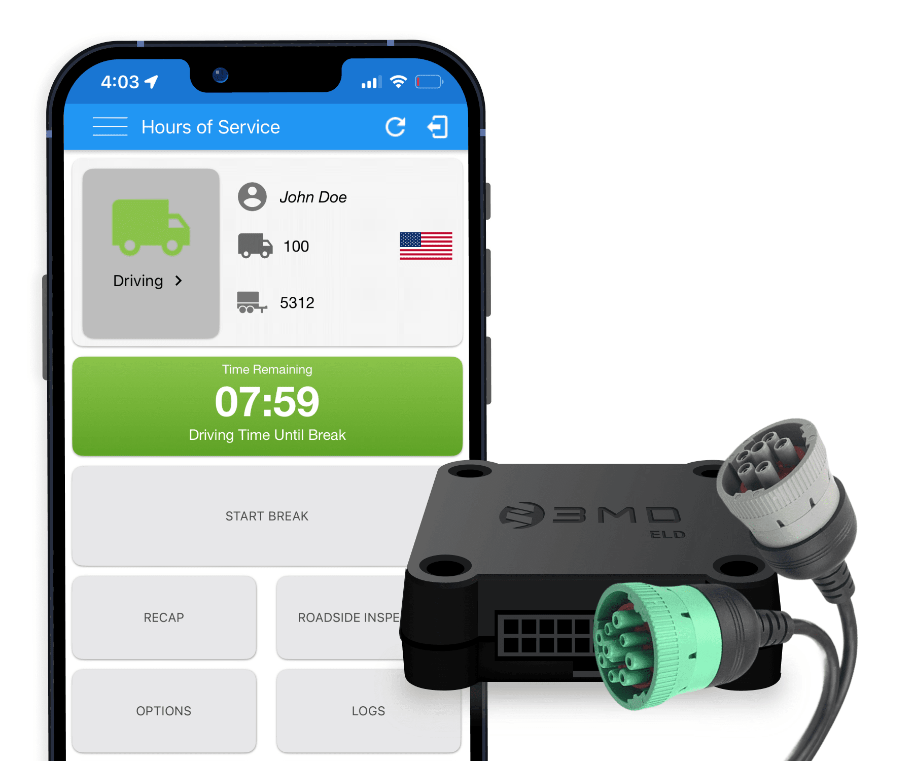 Electronic Logging Device with 9-Pin cable shown with ELD app shown running on a phone.