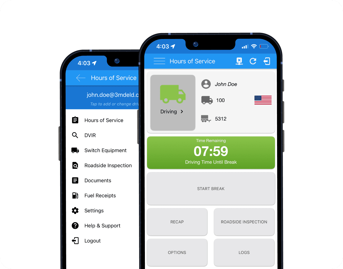 ELD mobile screenshots, showing main menu and then main screen, with easy-to-use interface, showing big buttons for drivers.