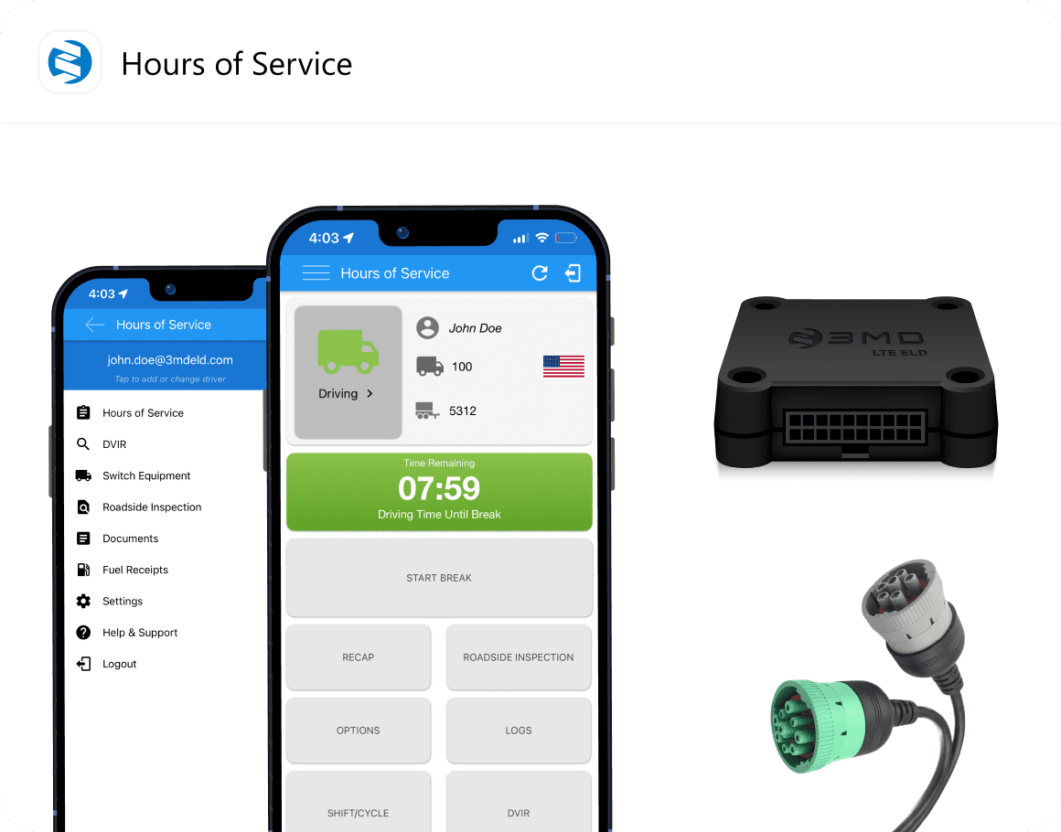 ELD mobile screenshots, showing main menu and then main screen, with easy-to-use interface, showing big buttons for drivers. Also shown an ELD device, PT30, with 6- and 9-pin cables, representing a complete all-in-one solution for FMCSA-compliant ELD use.