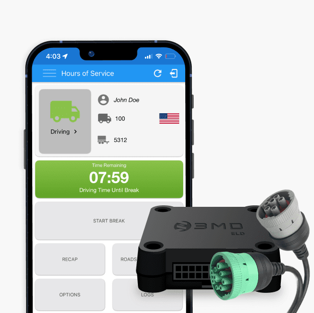 Hours of Service Compliance showing ELD app, ELD device and ELD cable.
