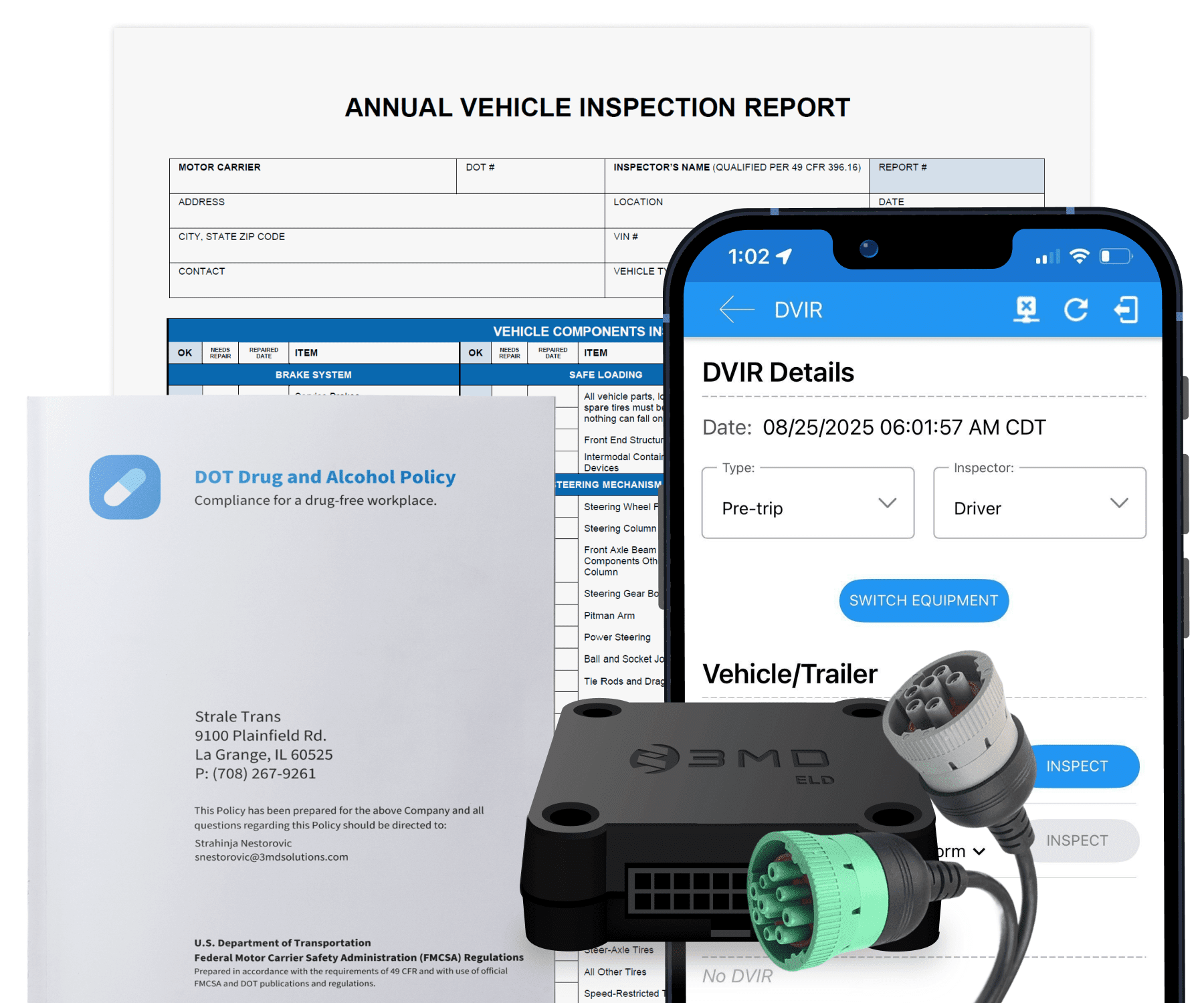 Trucking Compliance For Fleets showing ELD, Cables, DVIR screen, Drug Policy and Annual Vehicle Inspection Report to show comprehensive and complete DOT compliance solutions.