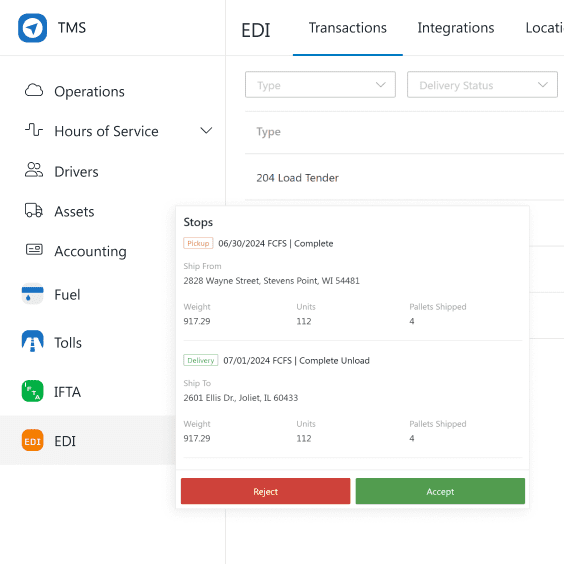 EDI Software showing TMS integration and modal to accept or reject a tender, with 204 and 214 transactions showing in TMS background.