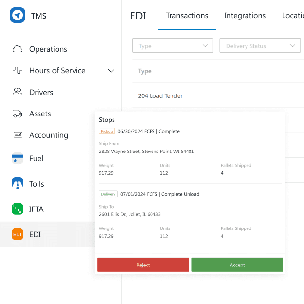 EDI Software showing TMS integration and modal to accept or reject a tender, with 204 and 214 transactions showing in TMS background.