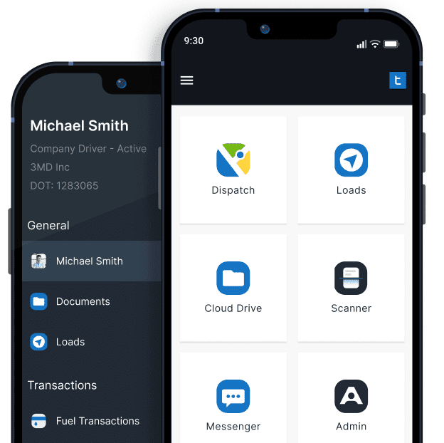 Trucking Hub Mobile showing a native mobile application for iOS/Android with Dispatch, Loads, Cloud Drive, Scanner, Messenger and Admin applications.