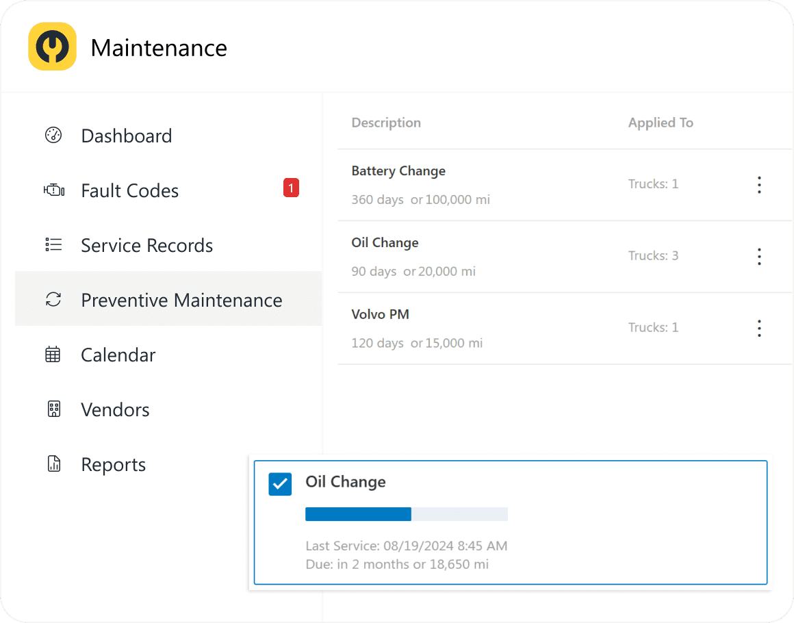 Preventive maintenance screenshot showing when oil change is due next
