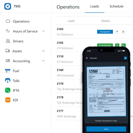 Transportation Management System (TMS) screenshot showing Operations/> Loads page with a list of loads and their statuses overlaid with a mobile app showing POD scanning feature.
