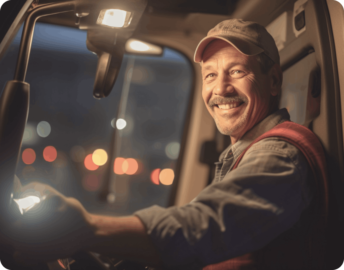 happy truck driver shown in cab