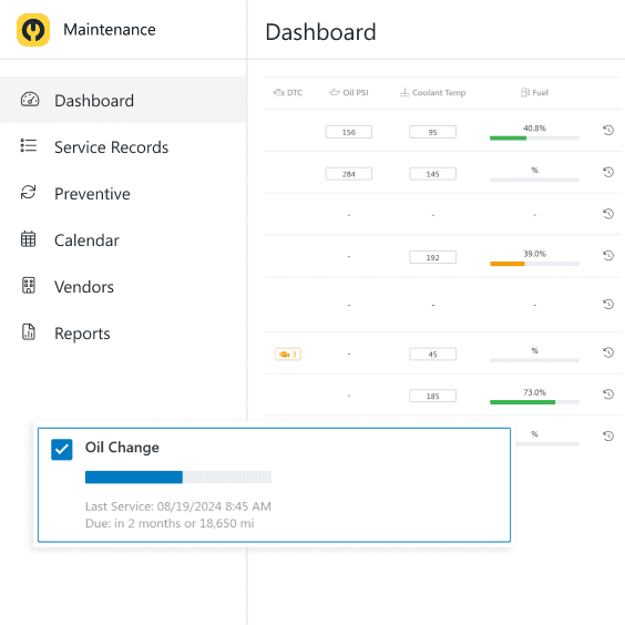 Maintenance software for trucking showing a live-snapshot of truck telematics, like DTC, oil PSI, coolant temperature and fuel level, overlaid with a preventive maintenance reminder showing truck is due to change oil in 2 months or 18,650 miles, which comes first.