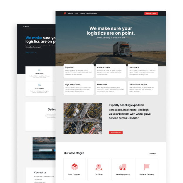 Image shows two different templates for a trucking website that Trucking Hub's website application automatically builds for user.